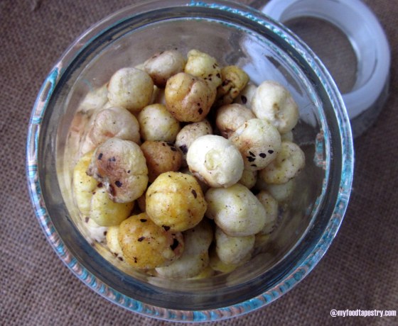 Roasted Fox nuts with salt, pepper and chili flakes