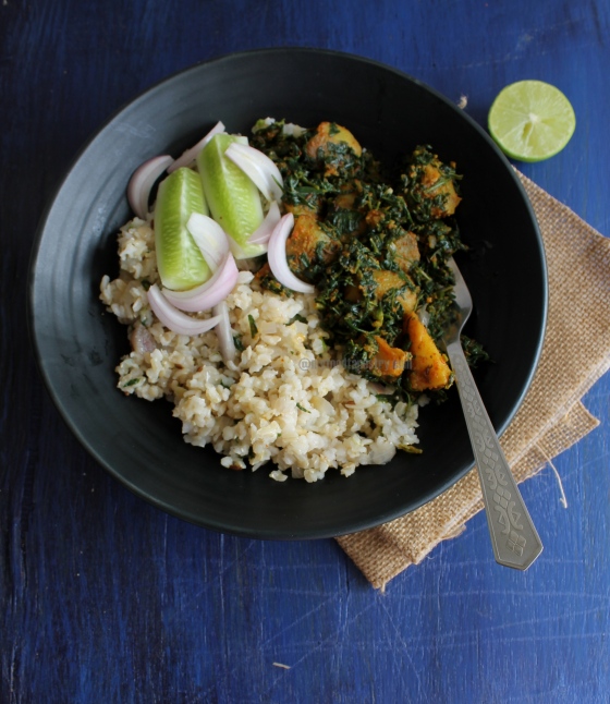 Simple rustic Aloo methi served with rice and salad